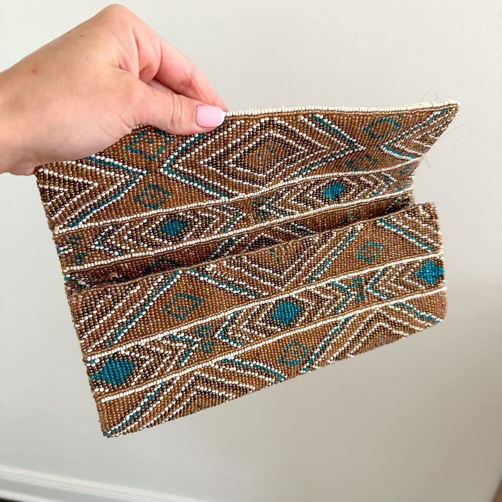 Santi Aztec Pattern Beaded Rectangle Shape Clutch Bag Brown - Picture 3 of 8
